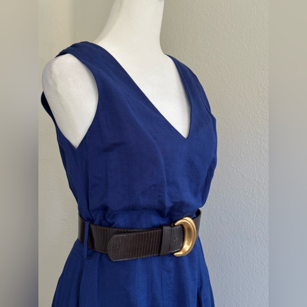 New Donna Karan Women’s V-Neck Sleeveless Belted Linen A-Line Blue Midi Dress - Picture 6 of 7